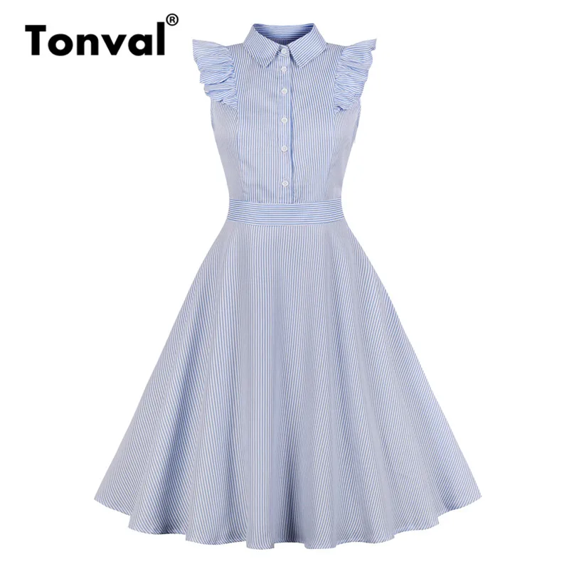 

Tonval Vintage Blue Ruffle Sleeve Striped Summer Shirt Dress Women Casual Turn-down Collar A Line Office Lady Dresses