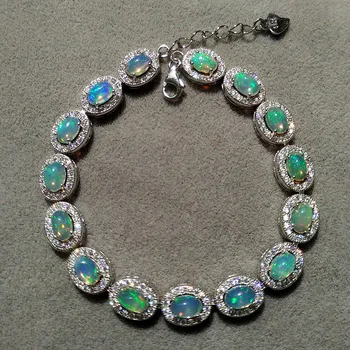 

Natural Opal 925 Sterling Silver beautiful chain link bracelet birthday gift Birthstone crystal Women's Fine jewelry