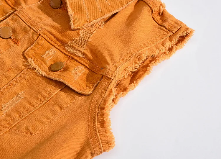 Оранжевый джинсовый жилет пальто мужчины Distressed сплошной цвет Повседневная винтажная без рукавов с отложным воротником карманы куртки Мужская мода