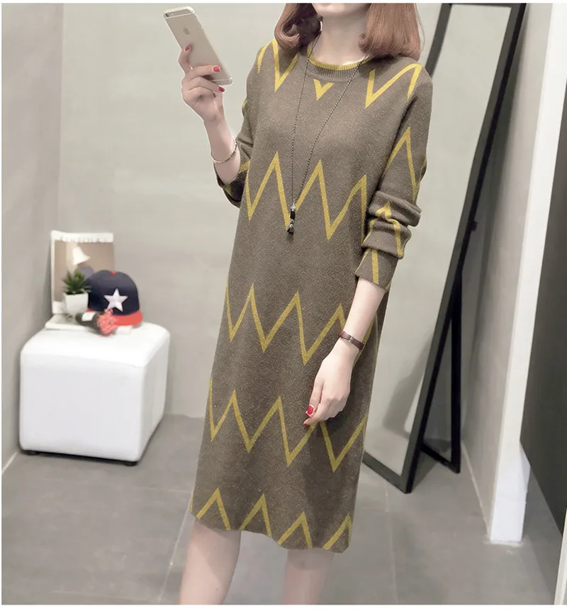 

Autumn Women Knitting Dress Long Sleeve O-Neck Striped Self-cultivation Dresses Elegant Casual Women Vestidos Plus Size