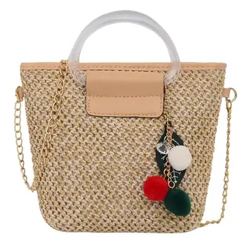 

Women Handbag Summer Beach Bag Rattan Woven Handmade Knitted Straw Large Capacity Totes Women Pompom Chain Shoulder Bag Bohemia