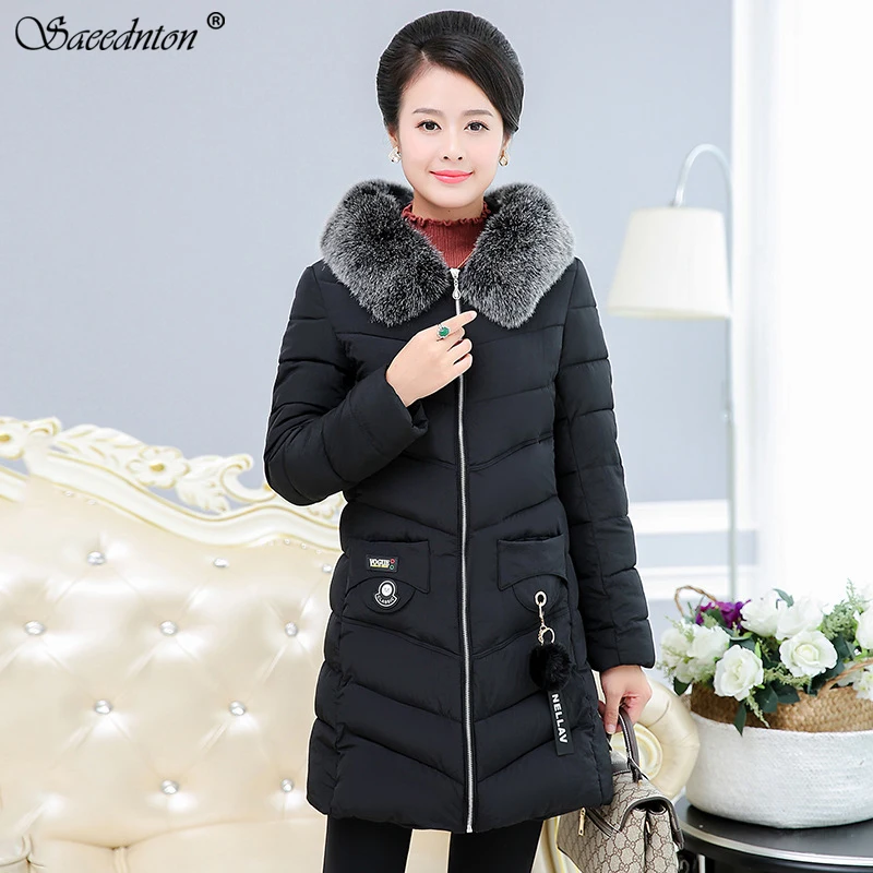 

Winter Fur Collar Coat For Women 2019 Casual Middle-aged Mother Hooded Down Cotton Padded Parka Women Long Thicken Warm Parkas