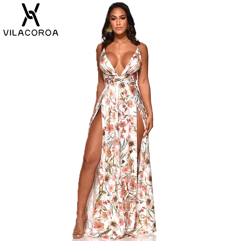 

Sexy Boho Print Summer Dress Women V-Neck Sleeveless Strapless Empire Plus Size Dress Ladies Split White Maxi Dress Vestidos