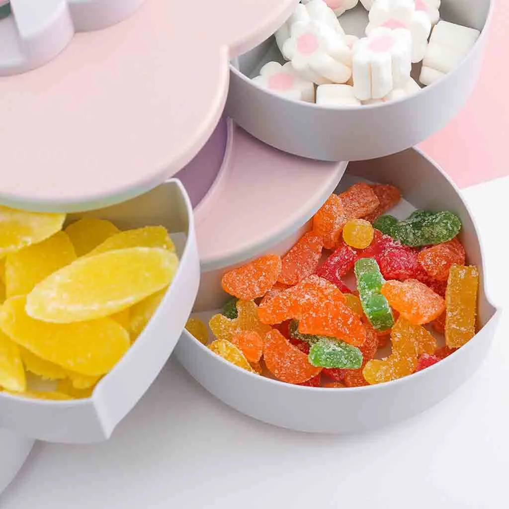 Petal-Shape Rotating Snack Box Candy Plates Double-deck Tray Food Storage Box Wedding Bloom Flower Design Jewelry Organizer