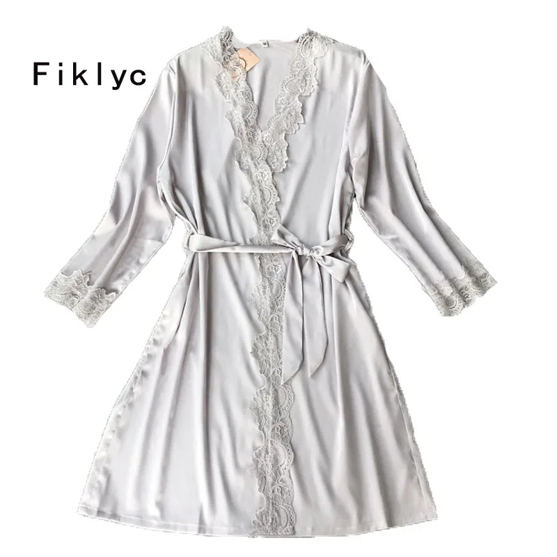 

Fiklyc brand women's kimono robes satin & lace patchwork sexy nighties bathrobes female luxury long sleeve nightwear pijamas HOT