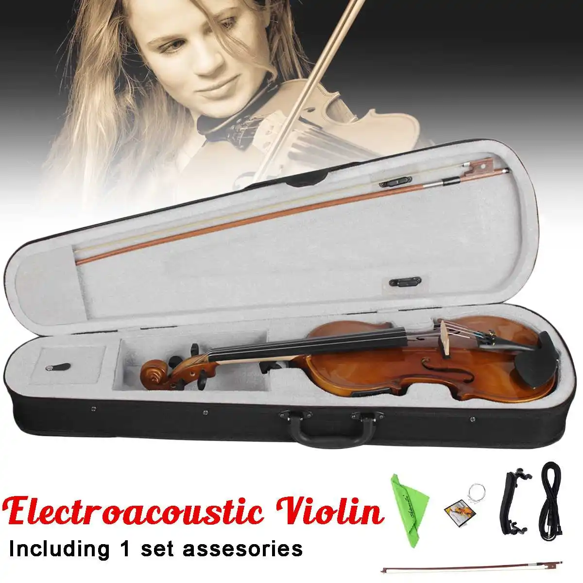 

With Case Bow Set Wooden 4/4 Full Size Electro-Acoustic Violin Fiddle Maple Solid Wood Perfect for Beginners Players Maple