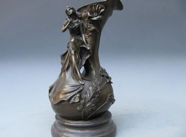 

Western Art Pure Bronze Carved water lily nude belle vase