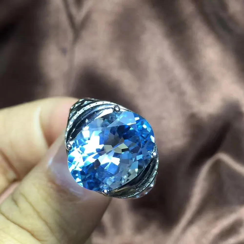 Real и Природный Голубой Топаз Кольцо мужское кольцо 925 серебро 12*16 мм gem Для мужчин изысканные украшения ручной работы