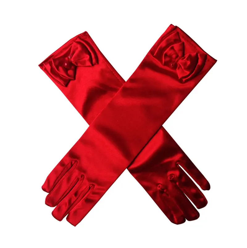 PaMaBa/Аксессуары для косплея принцессы для девочек; перчатки; однотонные длинные перчатки с бантом; атласные перчатки принцессы Белль, Эльзы, Софии, Золушки - Цвет: Red 04