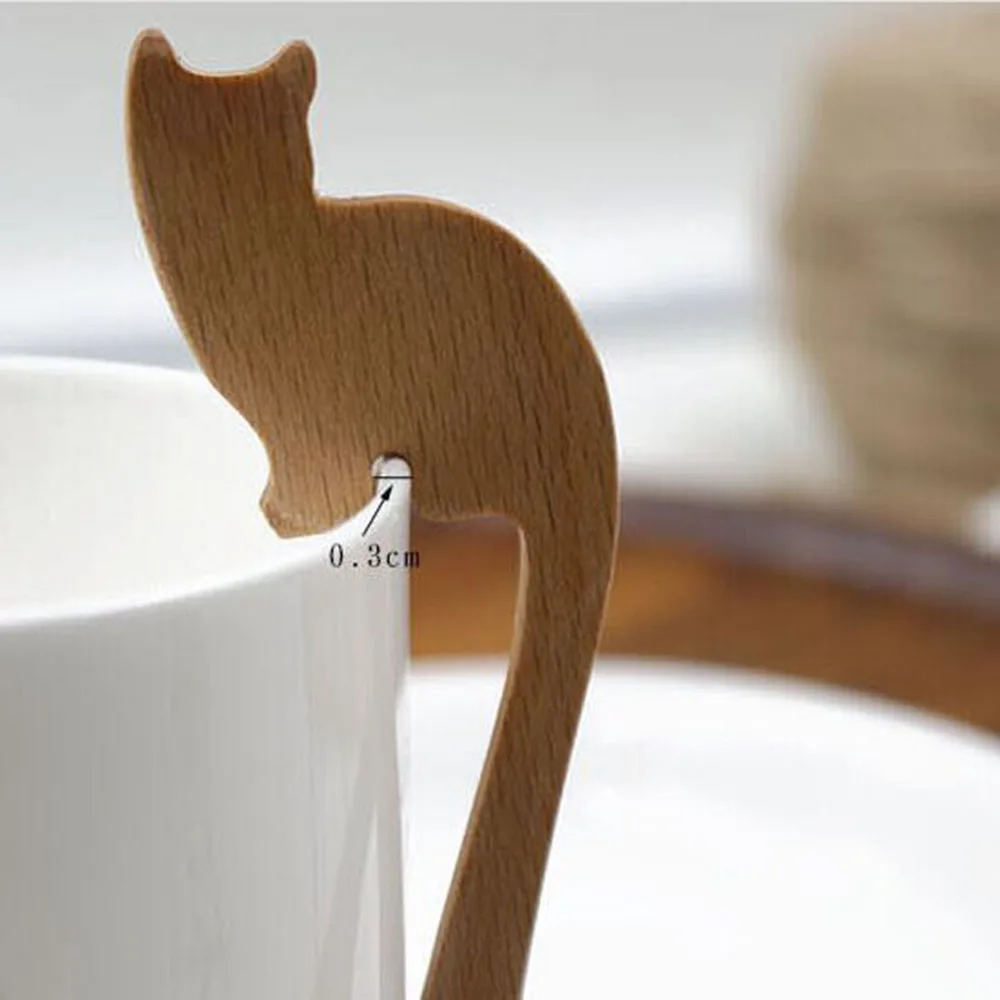 Новая креативная 1 шт. деревянная ложка ручной работы в форме кота, длинная ручка, кофр, чайная ложка для смешивания Высококачественная столовая посуда, десертная ложка