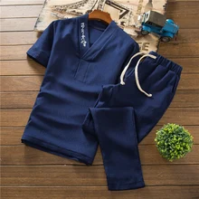 Летние мужские футболки с коротким рукавом и брюки на шнурке, вышивка в китайском стиле, мужской комплект из 2 предметов, хлопковая и льняная ткань