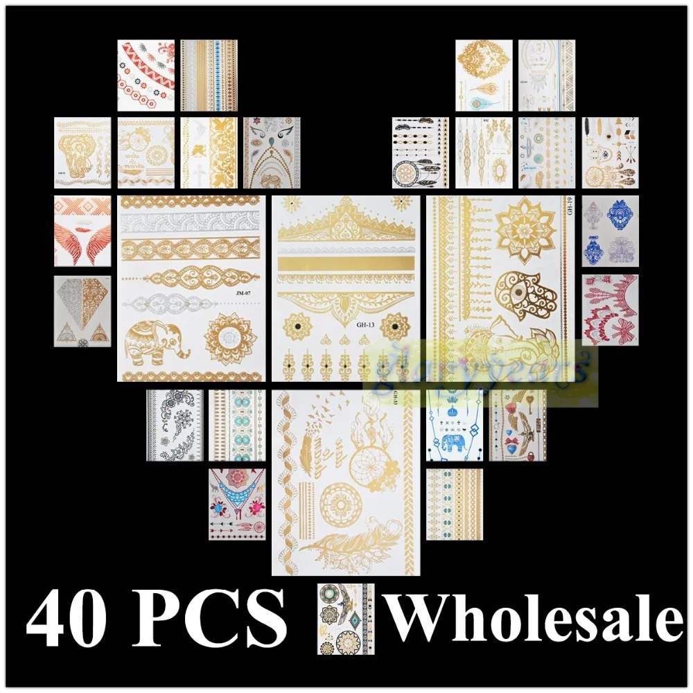 

[ glaryyears ] 40pcs Wholesale Bulk Order Gold Silver White Black Henna 3D Metallic Temporary Flash Tattoo Waterproof Sticker 3D