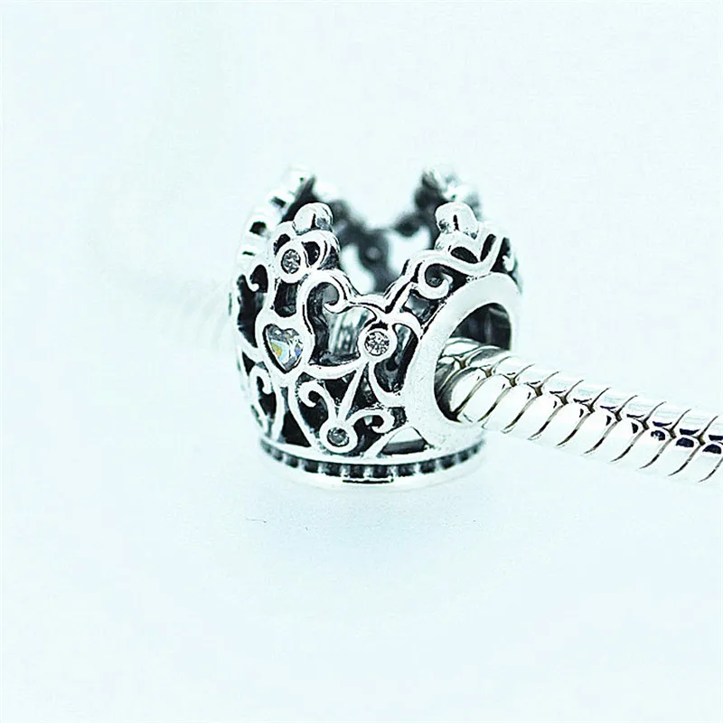 

Silver 925 Jewelry Princess Crown Openwork Charm with CZ for Women DIY Fits Bracelet Beads for Jewelry Making F183