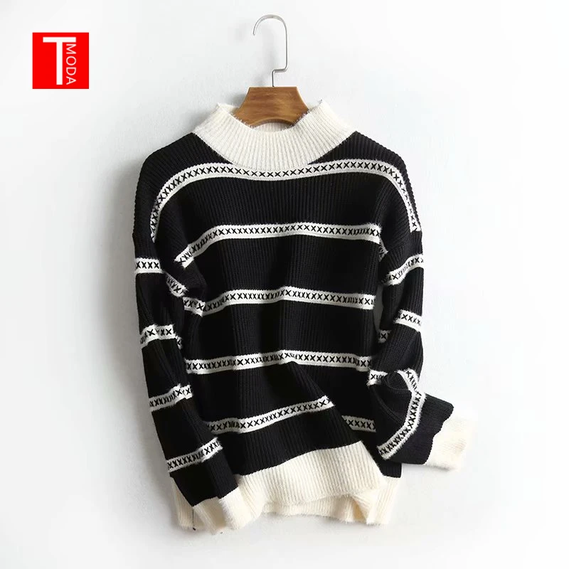 

TMODA 2019 Knitted Women's Solid Loose Knit Plus Size White Sweaters Pullover Ladies Autumn Winter Striped Sweaters Jumpers