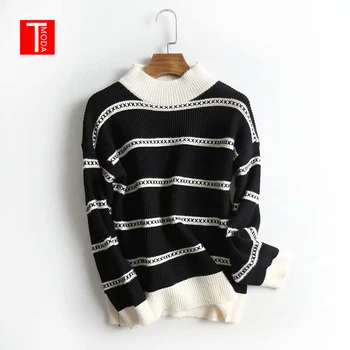 

TMODA 2019 Knitted Women's Solid Loose Knit Plus Size White Sweaters Pullover Ladies Autumn Winter Striped Sweaters Jumpers