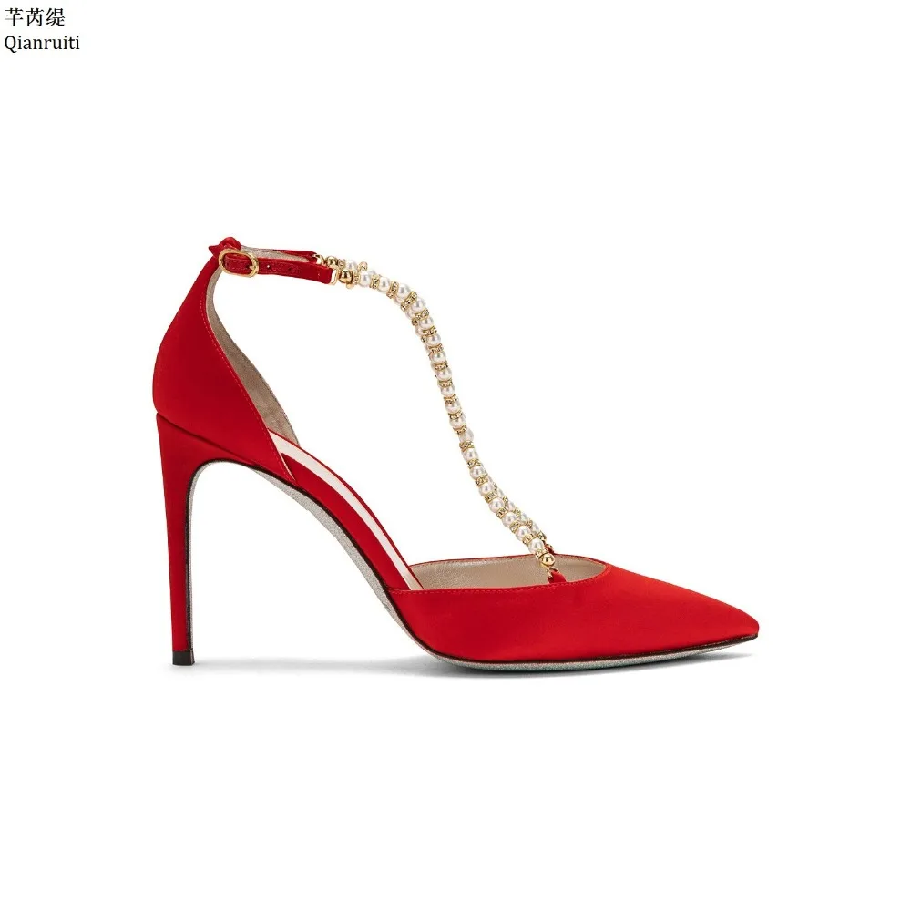 

Qianruiti Red Faux Suede High Heels Single Shoes Pointed Toe Stiletto Heels Women Pumps Studded Pearl Buckle Women Wedding Shoes