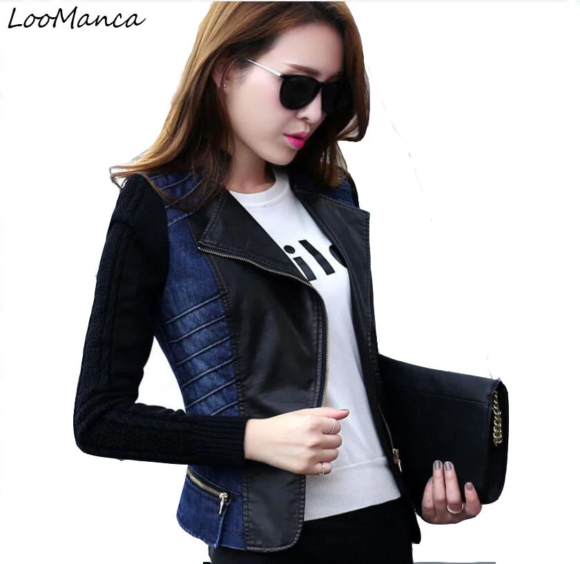 

2019 New Winter Denim Women Coat Zipper Front PU Leather Patchwork Jeans Jacket Women Light Washed Denim Jackets