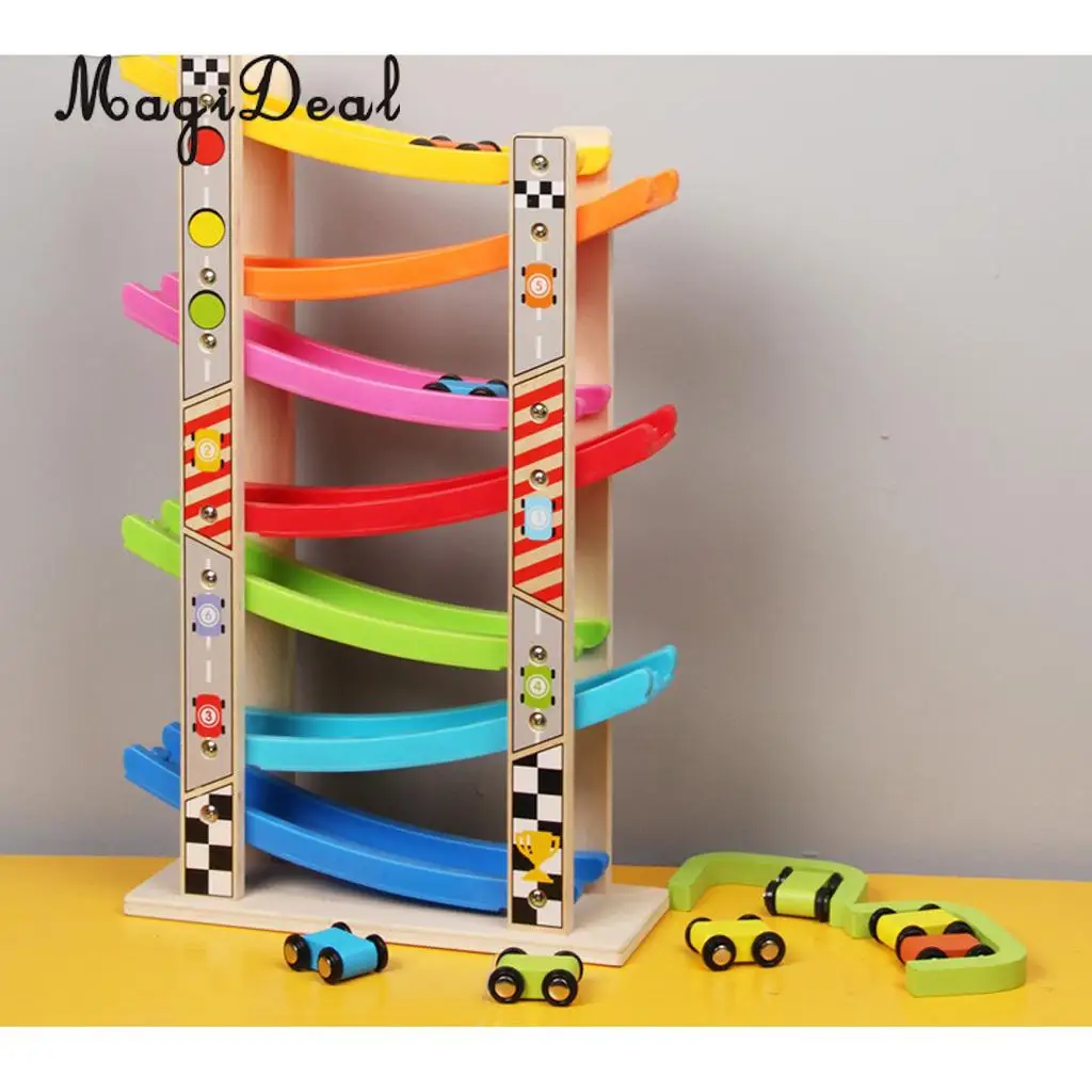 Colorful Wooden Ramp Race Track & 8 mini Inertia Car Playset - Toddlers Baby Toys Developmental Preschool Games