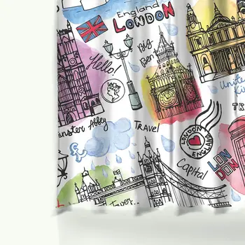 

British Style London Building Polyester Waterproof Shower Curtains with Rectangle Non-slip Floor Mat Bath Curtain Set