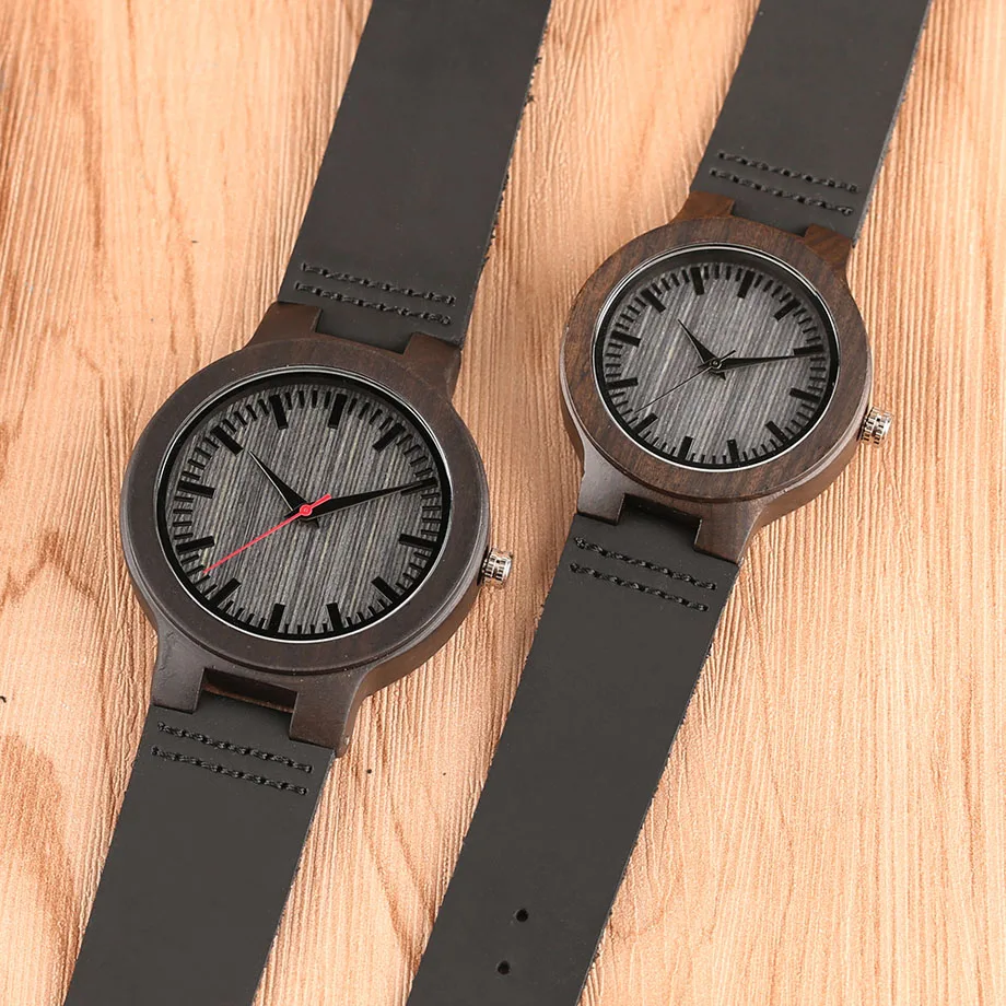 Minimalist Sandal Wood Watch for Couple Brand Design Black Real Leather RedBlack Second Hand Quartz Bracelet Sweetheart Gift  (12)