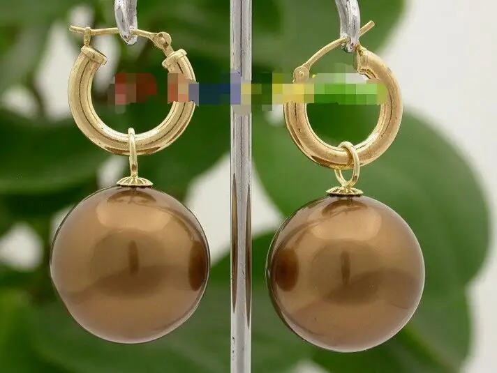 

FREE SHIPP >>new hot Dangle big 20mm coffee round sea shell pearls Earrings 14K hoop j8661