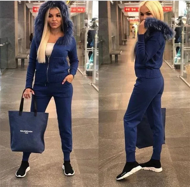 2 Pieces Knitting Set Women Warm Autumn Winter Knitted Sweatshirt and Pants Casual Outwear with Fur Hooded Solid Color Warm Sets 2 Pieces Knitting Set Women Warm Autumn Winter Knitted Sweatshirt and Pants Casual Outwear with Fur Hooded Solid Color Warm Sets