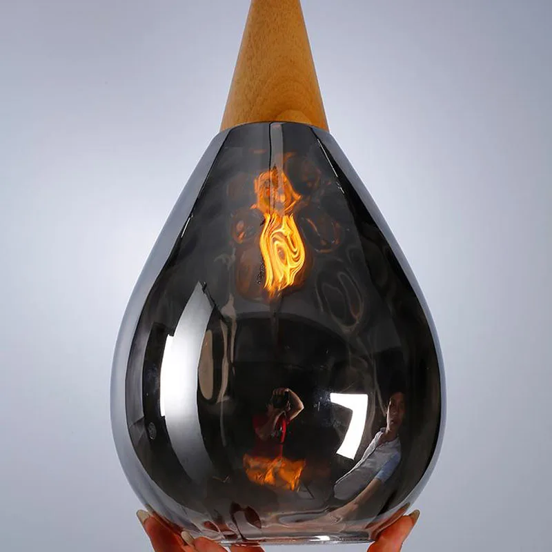 Modern Glass Pendant Light Vintage Amber Smoky Clear Glass Wood Hanging Pendant Lamp Decorative Indoor Pendant Light E27 E26 (13)