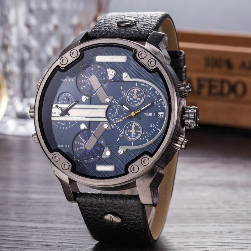 Камуфляжные Мужские кварцевые наручные часы с кожаным ремешком, двойной часовой пояс, 57 мм, большой циферблат, Автоматическая Дата, военные экстравагантные движения