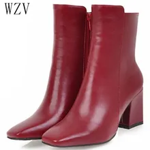 Women Side Zipper Martin Boots Comfortable Mid Heel Ankle Boots Fashion Warm Winter Shoes Black Red White Women Boots H410