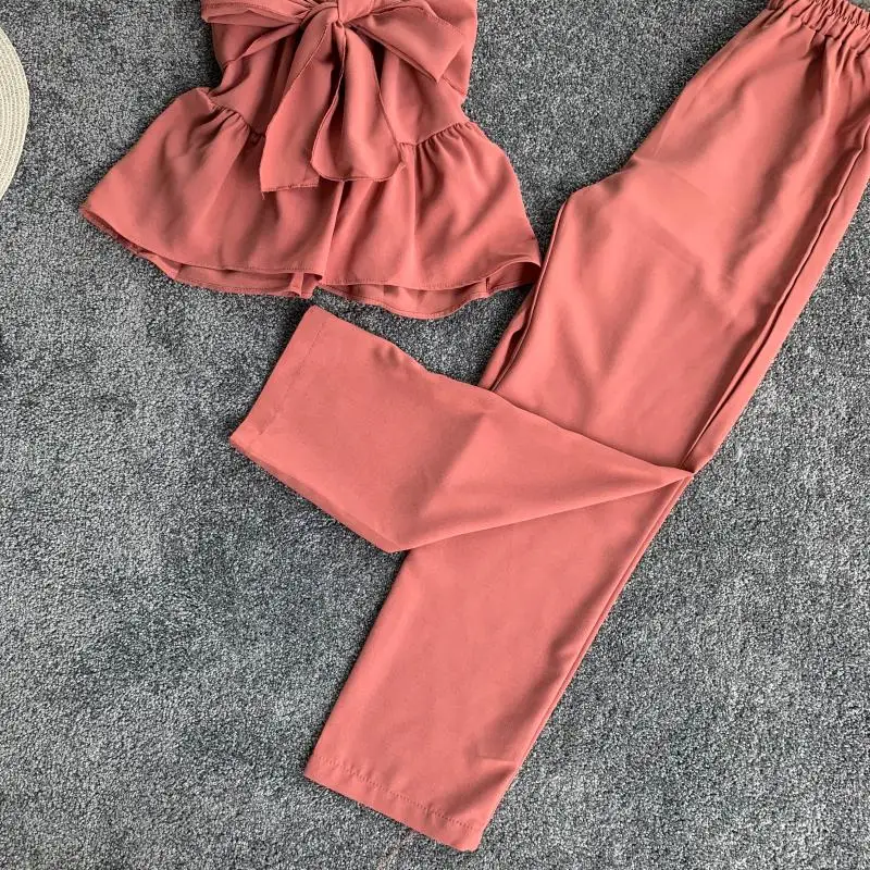 ALPHALMODA, летняя блузка на бретелях с бантом+ прямые штаны, женские повседневные комплекты из 2 предметов, однотонный эластичный Топ без рукавов+ брюки, комплекты