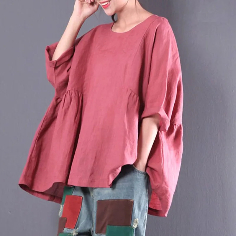 cotton linen round neck plain short sleeve blouses cotton linen round neck plain short sleeve blouses