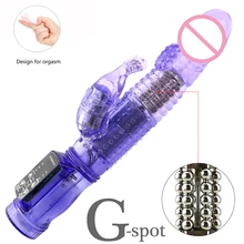 Królik wibrator, realistyczne Dildo Penis wibrator łechtaczki stymulator masażu przezroczyste obrotowe koraliki kobiece zabawki erotyczne dla kobiet