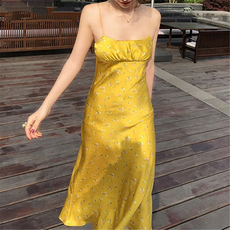 

Slim Yellow Floral Print Satin Vestidos Like Silk Vintage Spaghetti Straps Midi Dress Fashion Summer Dress