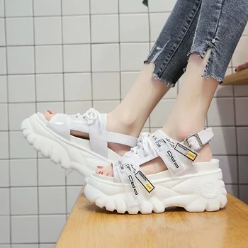 

2019 Summer Platform Sandals Women Wedges Thick Bottom Casual Shoes Comfortable White Hook & Loop Sandals Sneakers