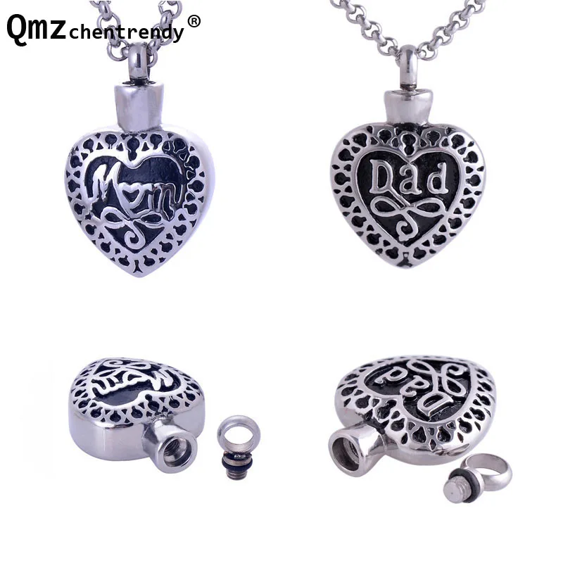 Titanium Steel Mom Dad in Heart Pendant Necklace Cremation Ashes Urn