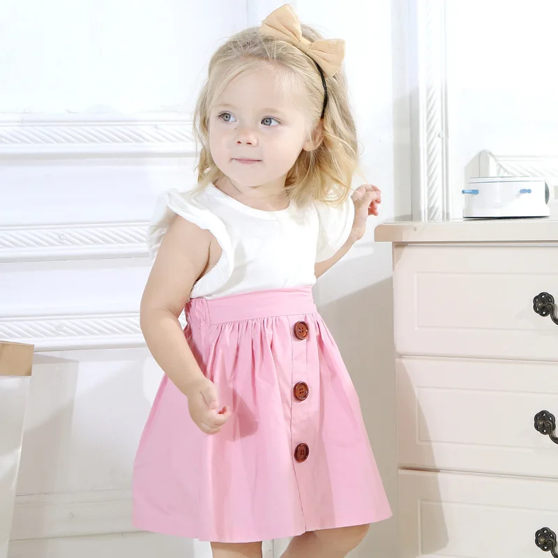 

Toddler Girls Clothes Summer Flutter Sleeve White Shirt Pink A-lime Skirts Clothing Set Children Summer Outfits