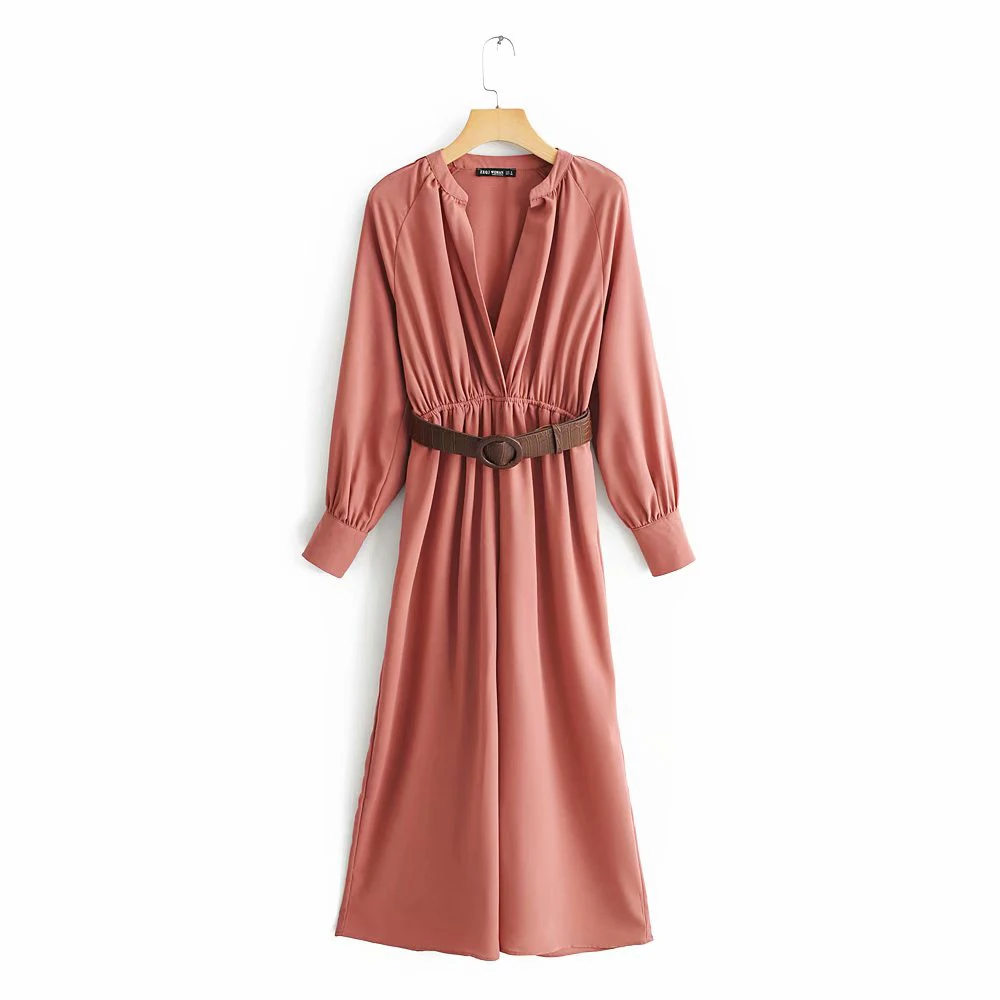 

ZXQJ Women Red Chic Za Long Jumpsuit 2019 Spring Women-s Fashion Adjustable High Waist With Belt V-neck Bodysuit
