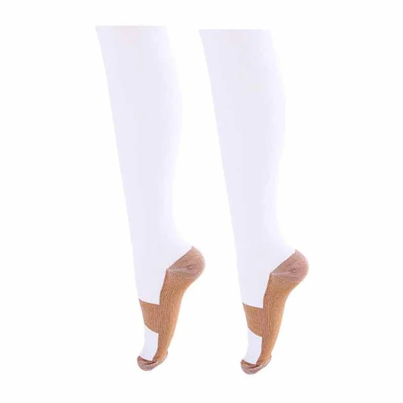 Поддержка колена высокие носки высокие эластичные ноги анти усталость мягкие боли облегчение чудо медь Анти-усталость Компрессионные носки - Цвет: Белый