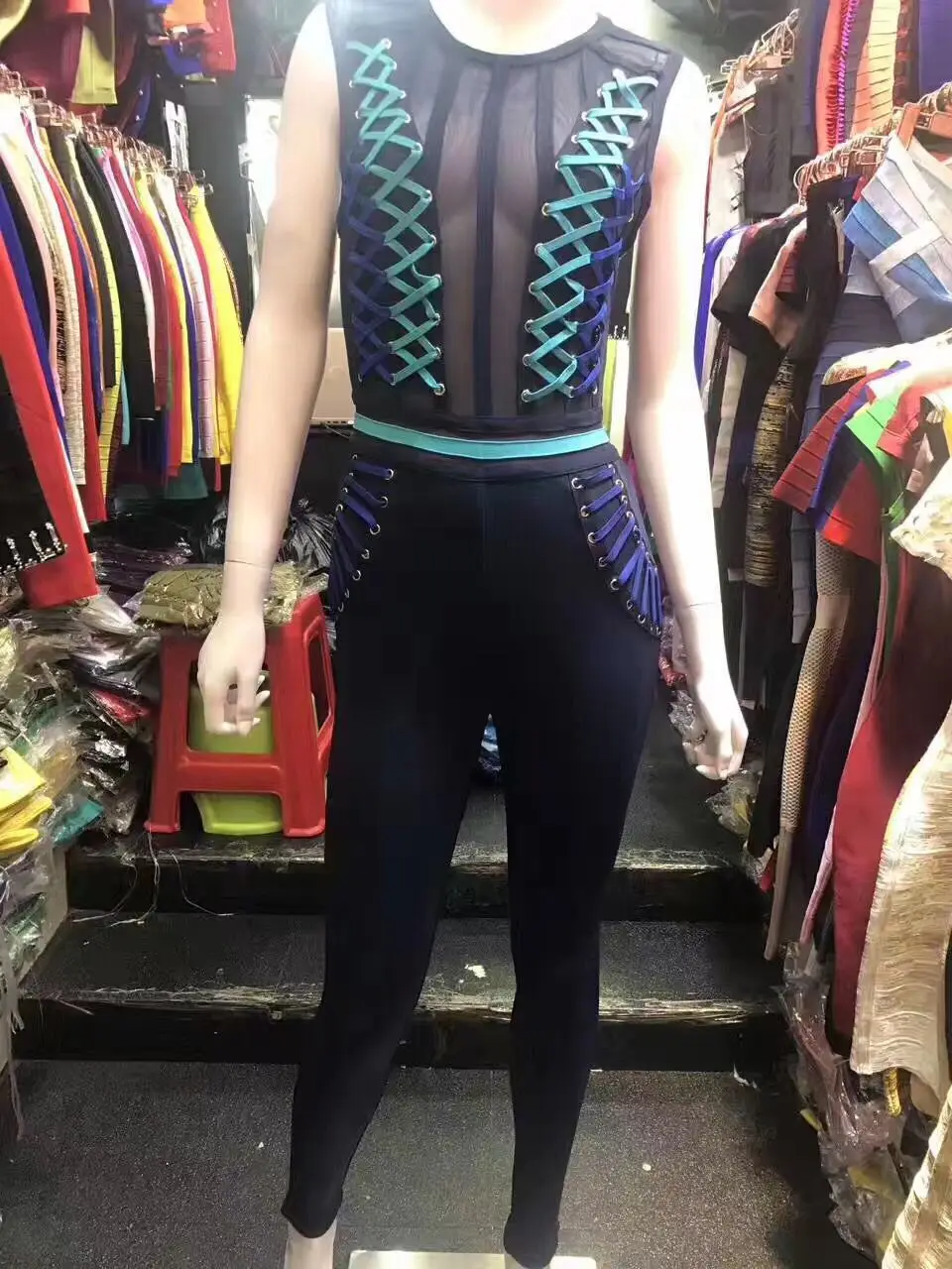 Blue and Pink Color Ladies HL Bandage Jumpsuits Sexy Laced Up Bodycon