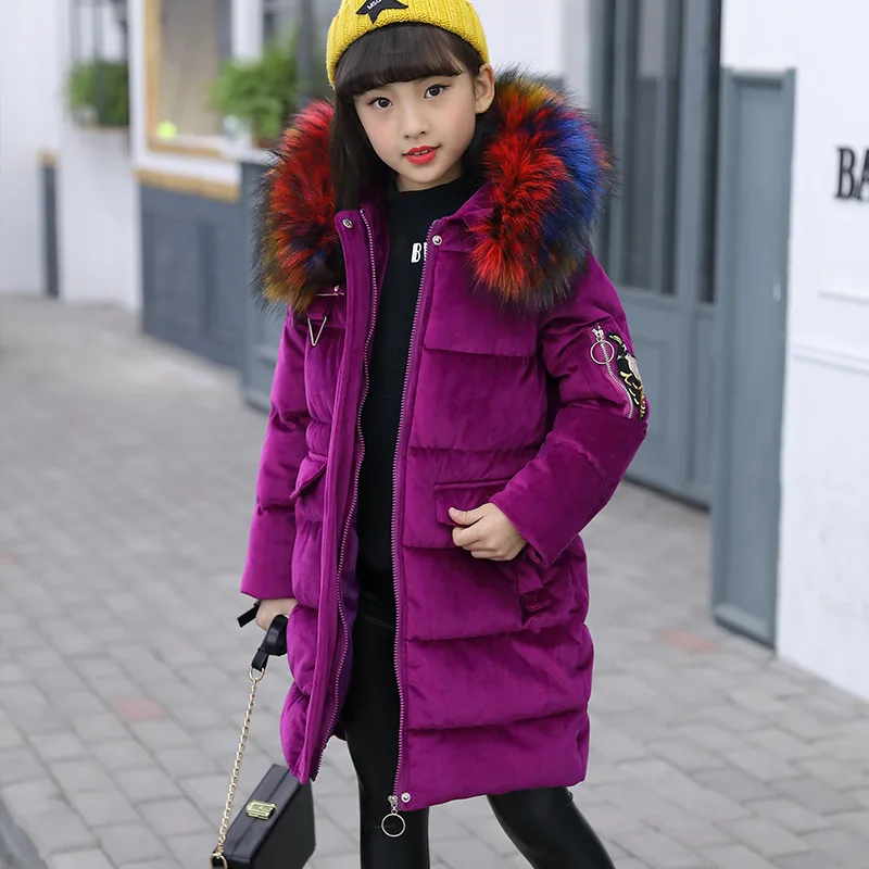 

Children Parkas Winter Jacket Girl Coat Cute Hooded Colored Fur Collar Size 5-15 Y Child Clothes Thick Long Outerwear Clothes