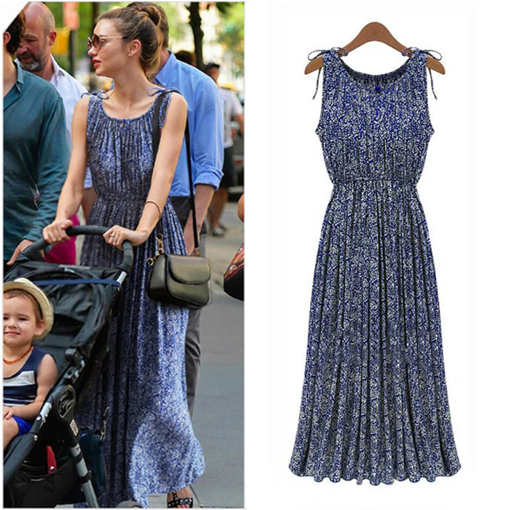 Plus Size Women Floral Print Dress Tie Shoulder Sleeveless Pleated Bohemian Boho Dress Slim Tank Maxi Dress Blue Beach Sundress