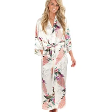 Высокая мода Белый шелковый халат-кимоно китайский стиль Женская пижама длинная сексуальная ночная рубашка цветок Размер S M L XL XXL XXXL A-044