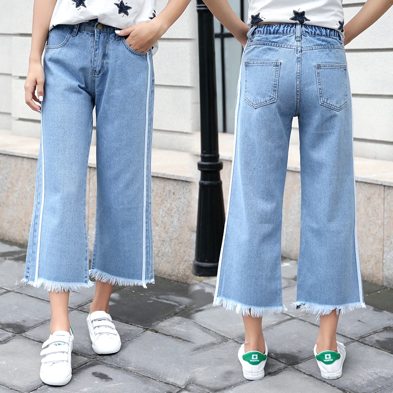 Для женщин джинсовые, длиной до колена свободные Последние джинсы большого размера прямые кисточкой дамские шаровары Высокая талия