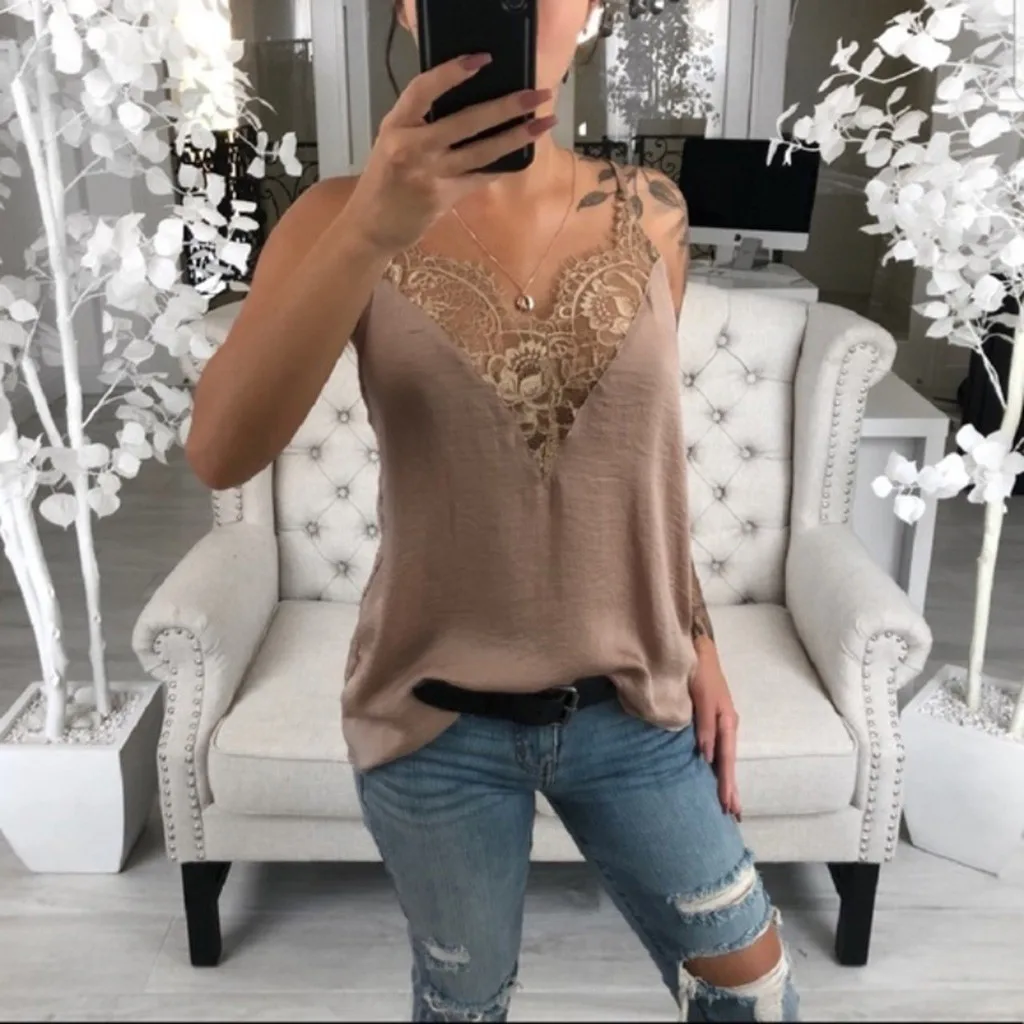 

2019 sexy lace Trendy Women clothes strap pullover Lace Vest Sleeveless Loose Casual V-Neck Polyester Tank Tops one pieces #SE
