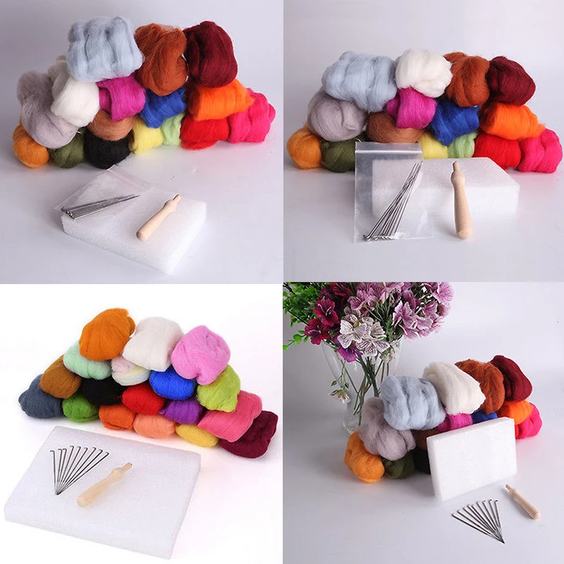 JX-LCLYL New 16 Colors Wool + 9 Needles Felting Handle Mat Set Starter DIY Tool Kit 
