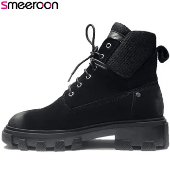 

Smeeroon 2020 fashion autumn boots women round toe low heels ankle boots lace up high quality cow suede leather boots