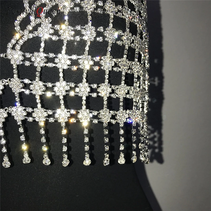 Праздничная королевская Роскошная Бриллиантовая цепочка, лоскутные кроп-топы для женщин, блестящий серебряный топ с открытой спиной, стразы на бретельках, обрезанный топ с кисточками