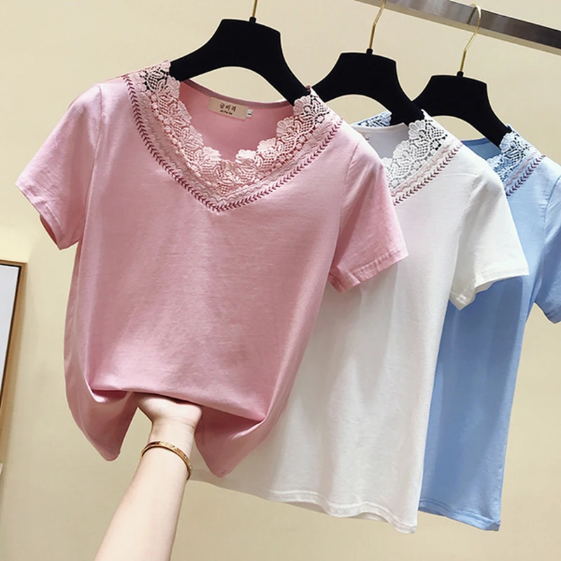 

gkfnmt Summer T shirt Women Tshirt Female Vintage Cotton Plus Size Pink White Lace T-Shirt Women Tops Tee Shirt Femme 2019