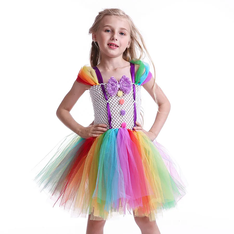 Girls Circus Fancy Clown Tutu Dress with Bow Children Handmade Rainbow Tulle (3)