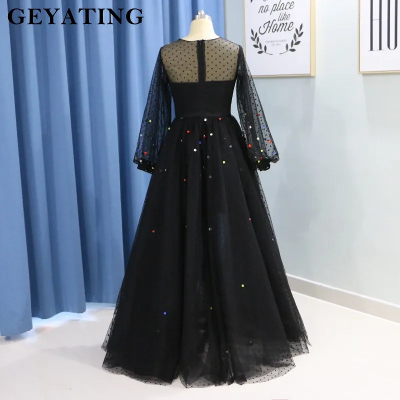 Арабское черное платье в горошек из тюля с кристаллами и длинными рукавами, Дубай, вечерние платья, элегантные женские вечерние платья больших размеров, длинное платье для выпускного вечера